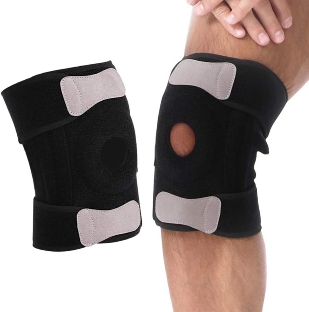 Kniebrace met stabiliseringsring, verstelbare kniebrace van neopreen, voor sport, artrose, verstuiking en kruisbanden, links/rechts been (zwart)