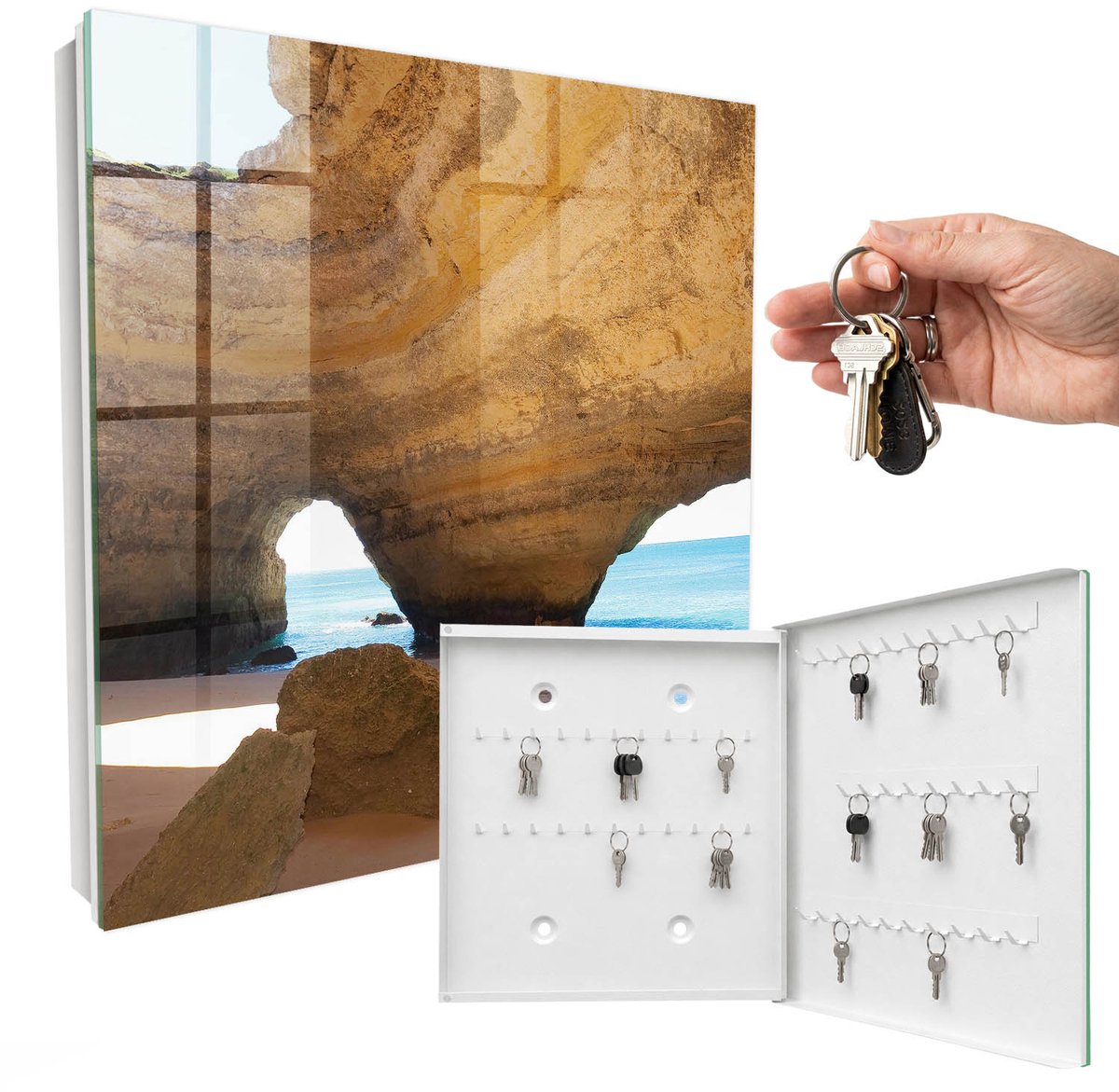 WallMuralia - Sleutelkast - 30x30x5 cm - met 50 haken - Zeegrot Groot Sleutelkastje - Beige Sleutelbox - Rechtsopenend - Wit interieur