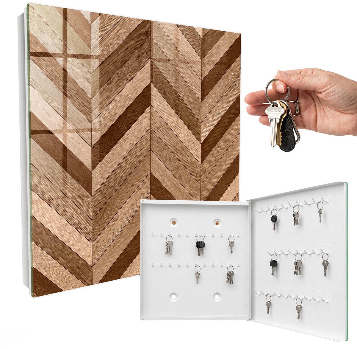 WallMuralia - Sleutelkast - 30x30x5 cm - met 50 haken - Houten Visgraatmotief Sleutelkastje Huis - Bruin Sleutelbox - Rechtsopenend - Wit interieur