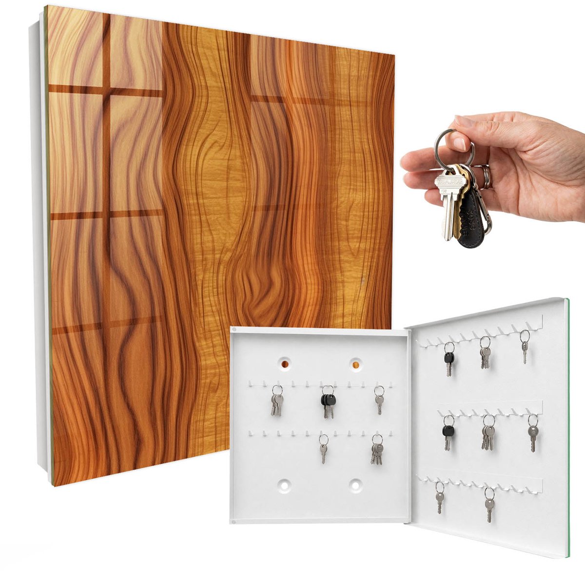 WallMuralia - Sleutelkast - 30x30x5 cm - met 50 haken - Houten Golven Sleutelkastje Voor Binnen - Bruin Sleutelbox - Rechtsopenend - Wit interieur
