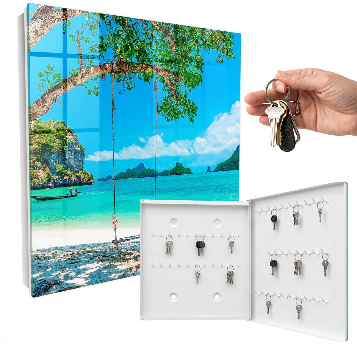 WallMuralia - Sleutelkast - 30x30x5 cm - met 50 haken - Tropisch Paradijs Sleutelkastje Muur - Turkoois Sleutelbox - Rechtsopenend - Wit interieur