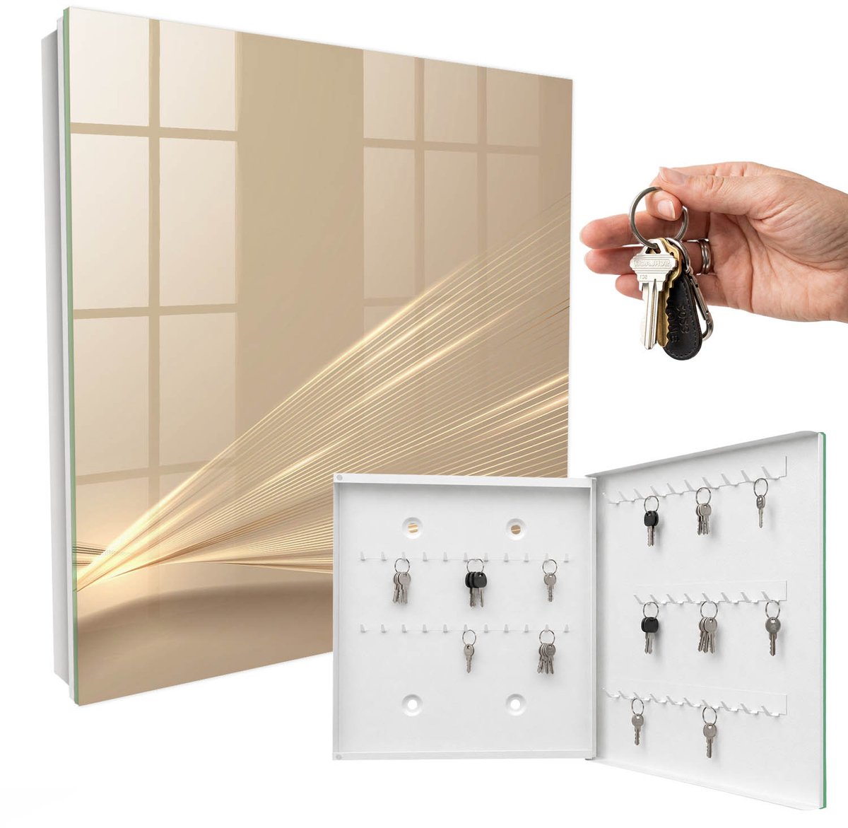 WallMuralia - Sleutelkast - 30x30x5 cm - met 50 haken - Minimalistische Lijnen Design Sleutelkastje - Beige Sleutelbox - Rechtsopenend - Wit interieur