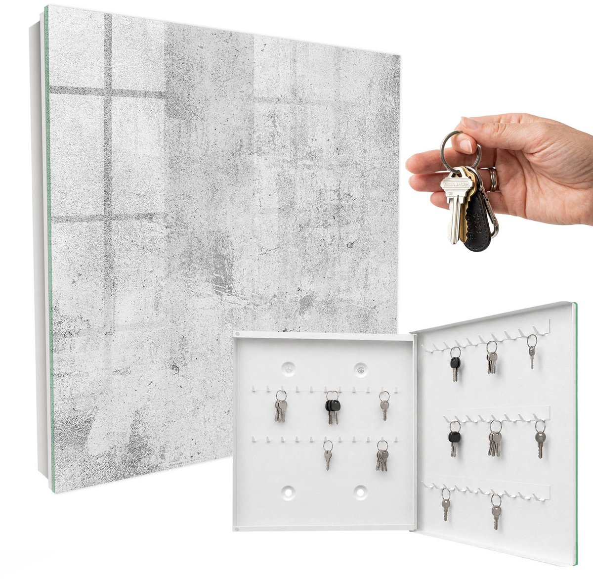 WallMuralia - Sleutelkast - 30x30x5 cm - met 50 haken - Rauwe Elegantie Sleutelkastje Landelijk - Grijs Sleutelbox - Rechtsopenend - Wit interieur