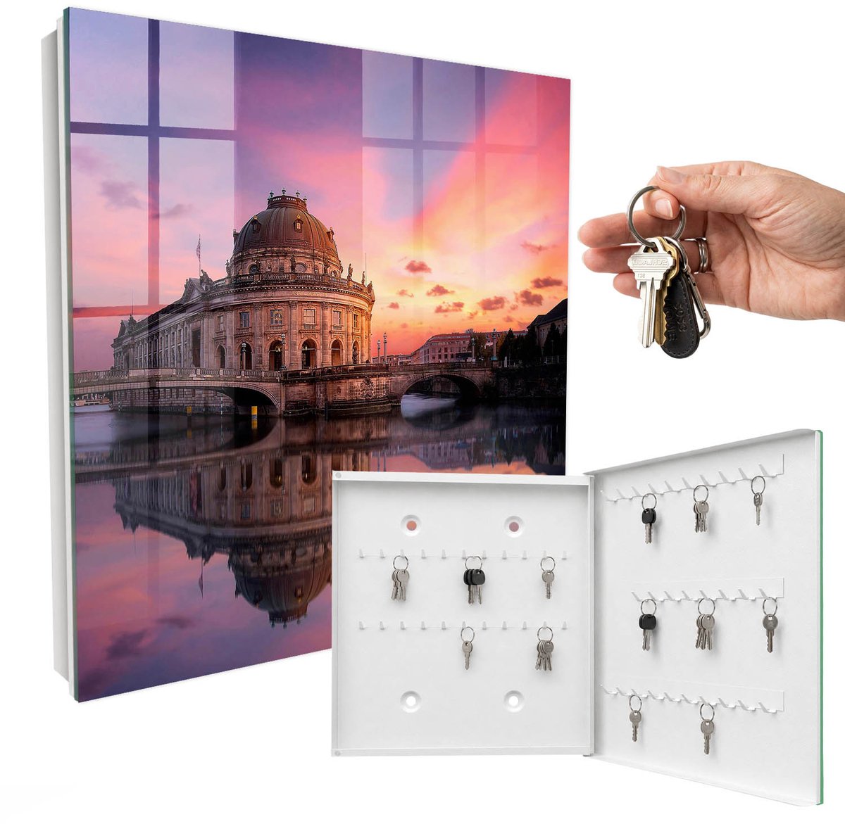 WallMuralia - Sleutelkast - 30x30x5 cm - met 50 haken - Stedelijk Westen Design Sleutelkastje - Roze Sleutelbox - Rechtsopenend - Wit interieur