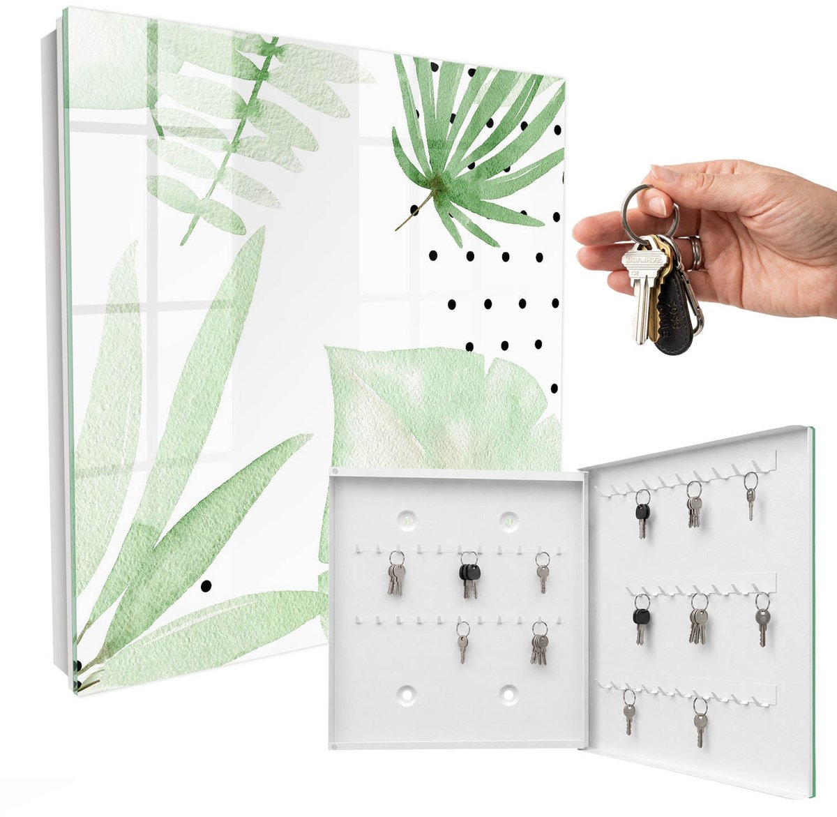 WallMuralia - Sleutelkast - 30x30x5 cm - met 50 haken - Groene Bladeren Sleutelkastje Gang - Wit Sleutelbox - Rechtsopenend - Wit interieur