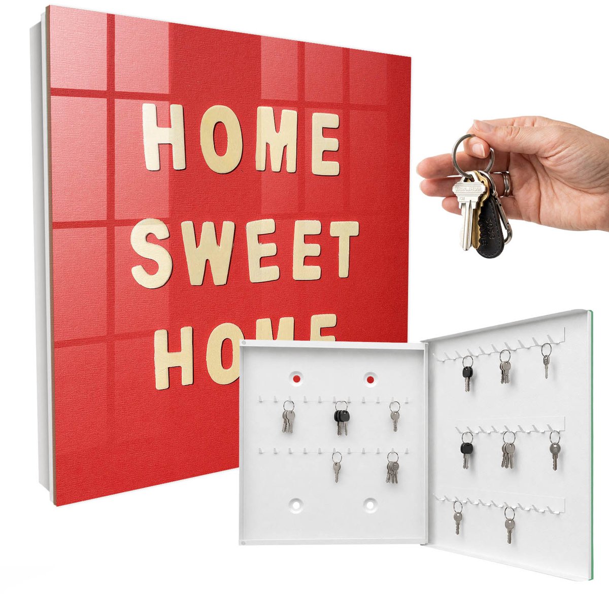 WallMuralia - Sleutelkast - 30x30x5 cm - met 50 haken - De Inscriptie Home Sweet Home Groot Sleutelkastje - Rood Sleutelbox - Rechtsopenend - Wit interieur