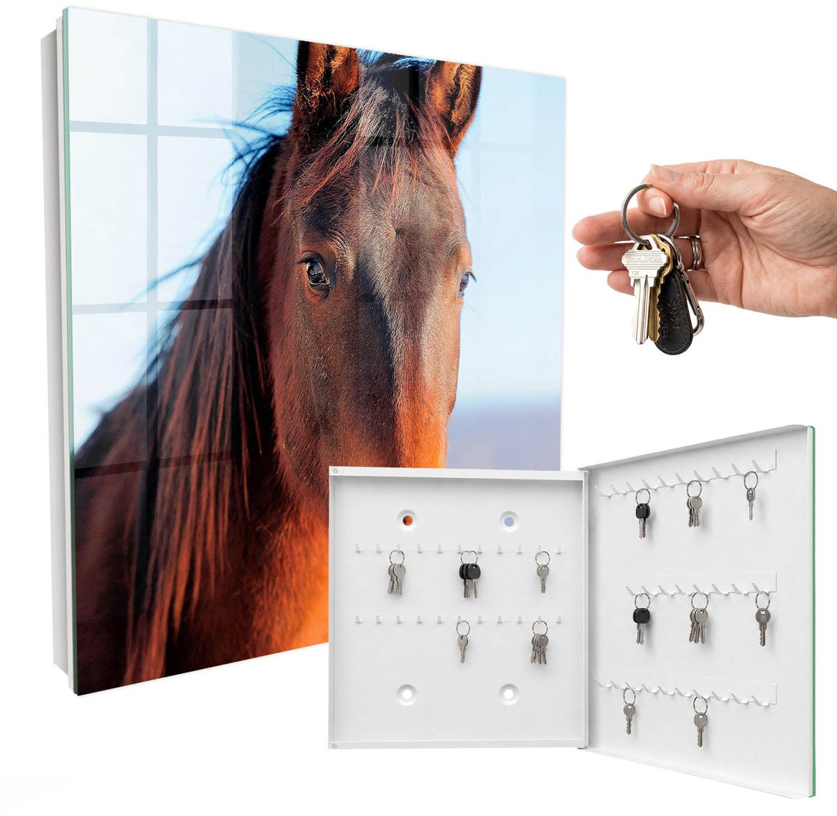 WallMuralia - Sleutelkast - 30x30x5 cm - met 50 haken - Portret Van Een Paard Sleutelkastje Modern - Bruin Sleutelbox - Rechtsopenend - Wit interieur