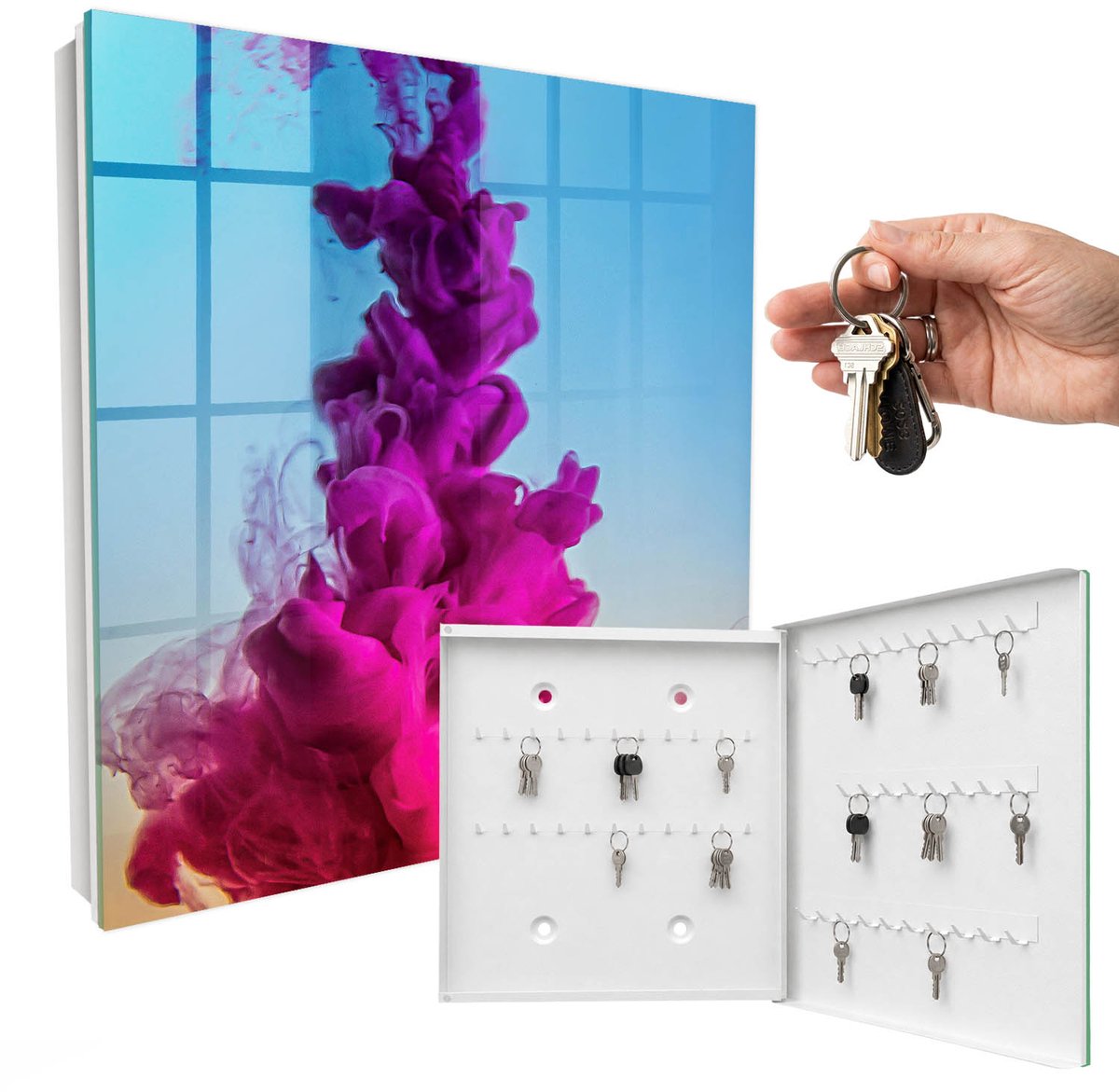 WallMuralia - Sleutelkast - 30x30x5 cm - met 50 haken - Kleurrijke Dynamiek Sleutelkastje Modern - Roze Sleutelbox - Rechtsopenend - Wit interieur
