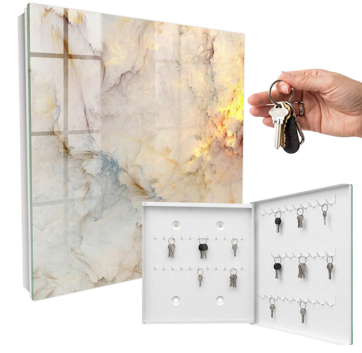 WallMuralia - Sleutelkast - 30x30x5 cm - met 50 haken - Marmeren Elegantie Sleutelkastje Modern - Beige Sleutelbox - Rechtsopenend - Wit interieur
