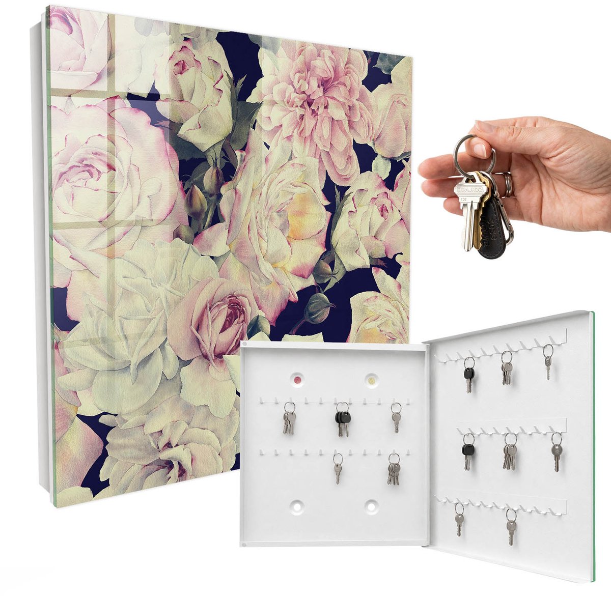 WallMuralia - Sleutelkast - 30x30x5 cm - met 50 haken - Bloemige Elegantie Sleutelkastje Gang - Roze Sleutelbox - Rechtsopenend - Wit interieur