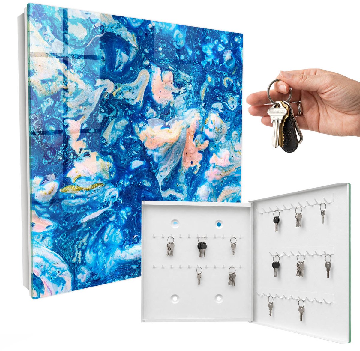 WallMuralia - Sleutelkast - 30x30x5 cm - met 50 haken - Kleurrijke Wervelingen Sleutelkastje Binnen - Blauw Sleutelbox - Rechtsopenend - Wit interieur