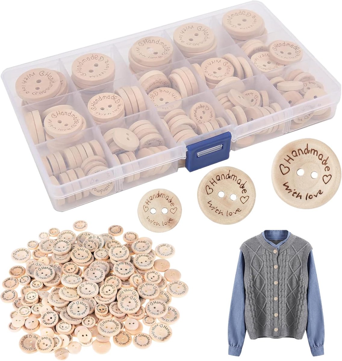 Knopen, natuurlijke houten ronde vorm, buttons gemengde maten 15 mm