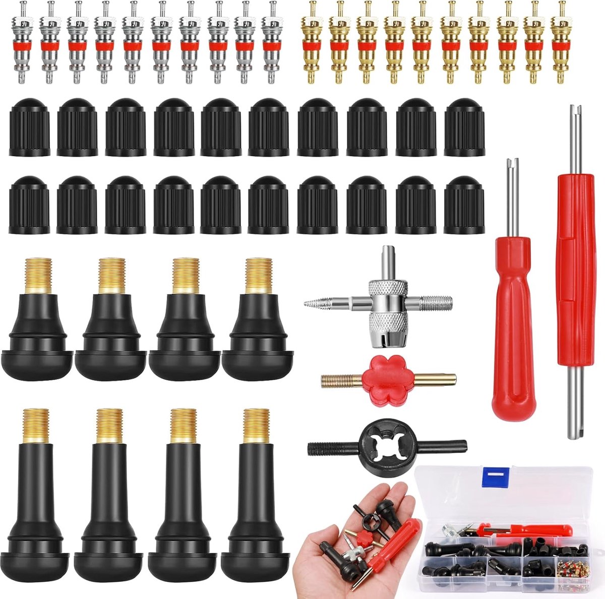 74 Stuks Bike Valve Core Remover Repair Tool, Fietsventiel Verwijderaar Gereedschapsset met Tubeless Messing Vervangend Presta-Ventielkern en Dop, Multifunctionele Schrader Presta-Sleutel