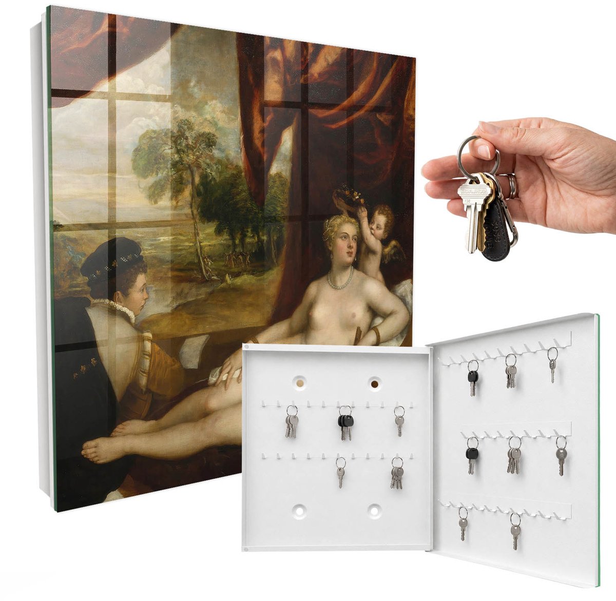 WallMuralia - Sleutelkast - 30x30x5 cm - met 50 haken - Titiaan Venus En De Luitspeler Sleutelkastje Klein - Bruin Sleutelbox - Rechtsopenend - Wit interieur
