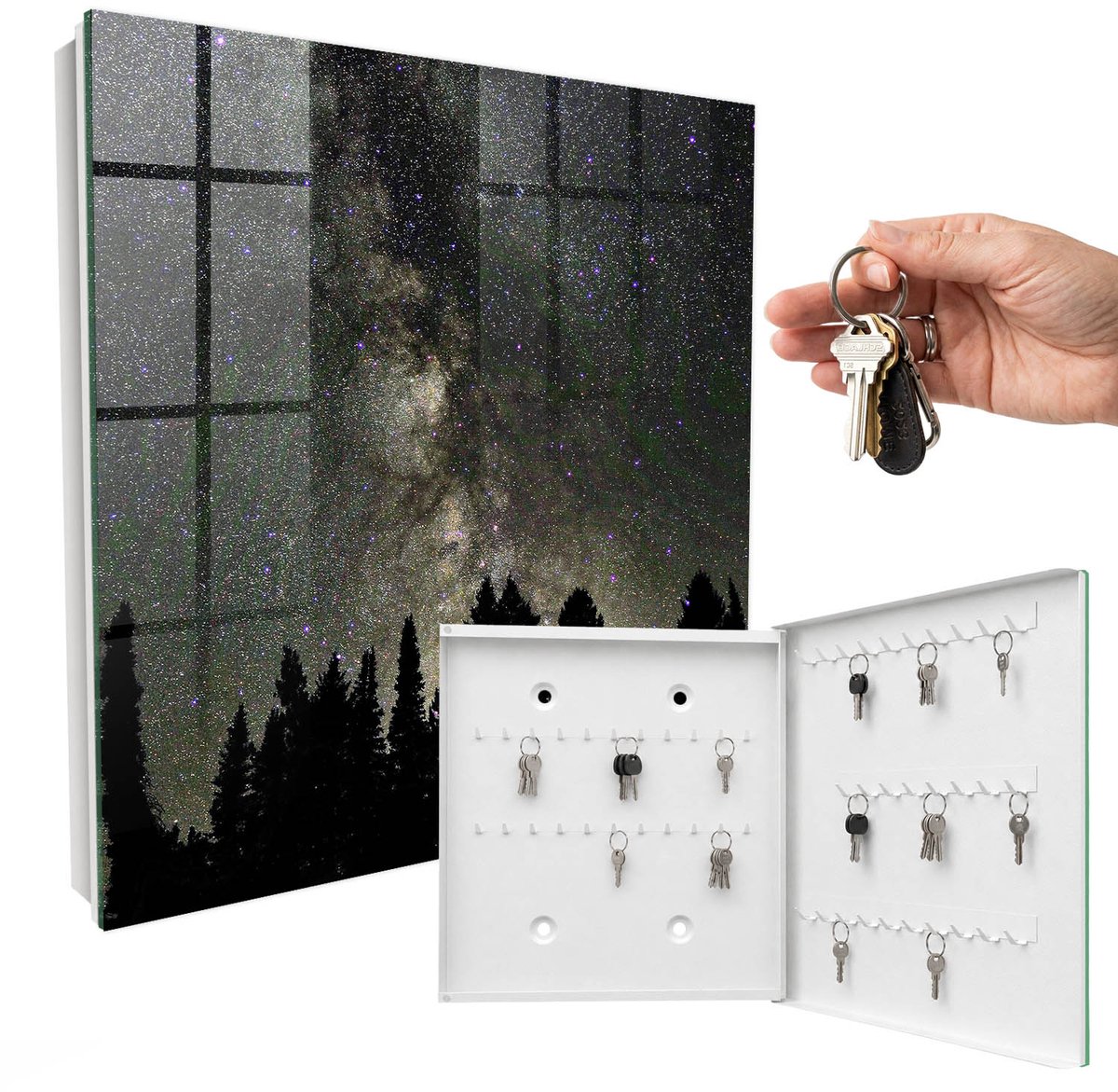 WallMuralia - Sleutelkast - 30x30x5 cm - met 50 haken - Sterrenhemel Sleutelkastje Hal - Zwart Sleutelbox - Rechtsopenend - Wit interieur