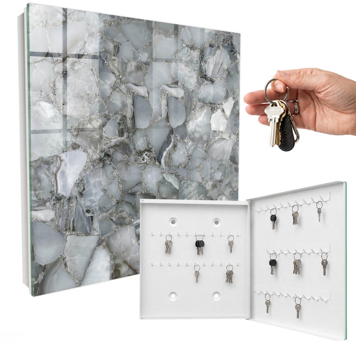 WallMuralia - Sleutelkast - 30x30x5 cm - met 50 haken - Mozaïek Van Steen Sleutelkastje Modern - Grijs Sleutelbox - Rechtsopenend - Wit interieur
