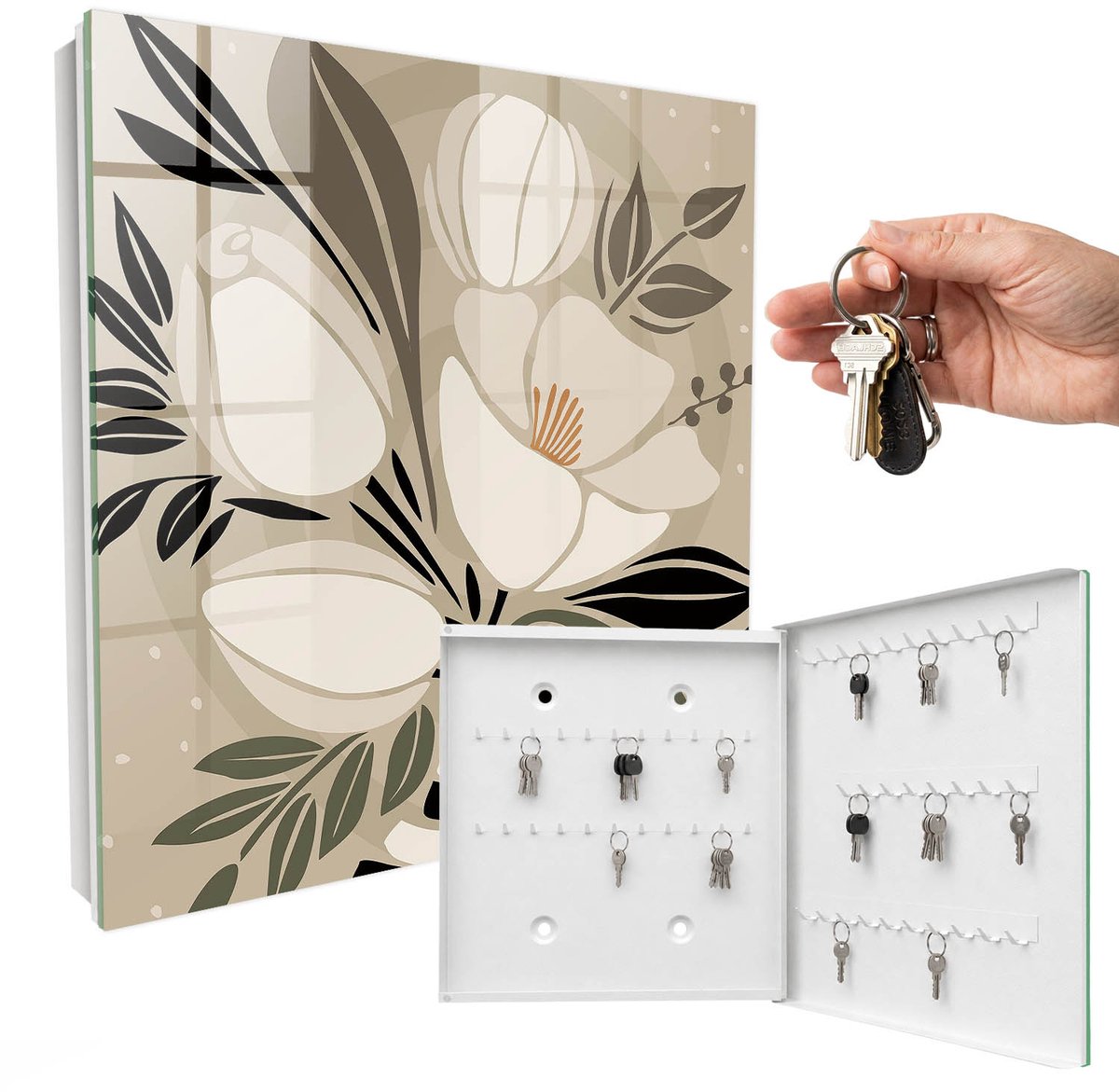 WallMuralia - Sleutelkast - 30x30x5 cm - met 50 haken - Bloemrijk Minimalisme Leuk Sleutelkastje - Beige Sleutelbox - Rechtsopenend - Wit interieur
