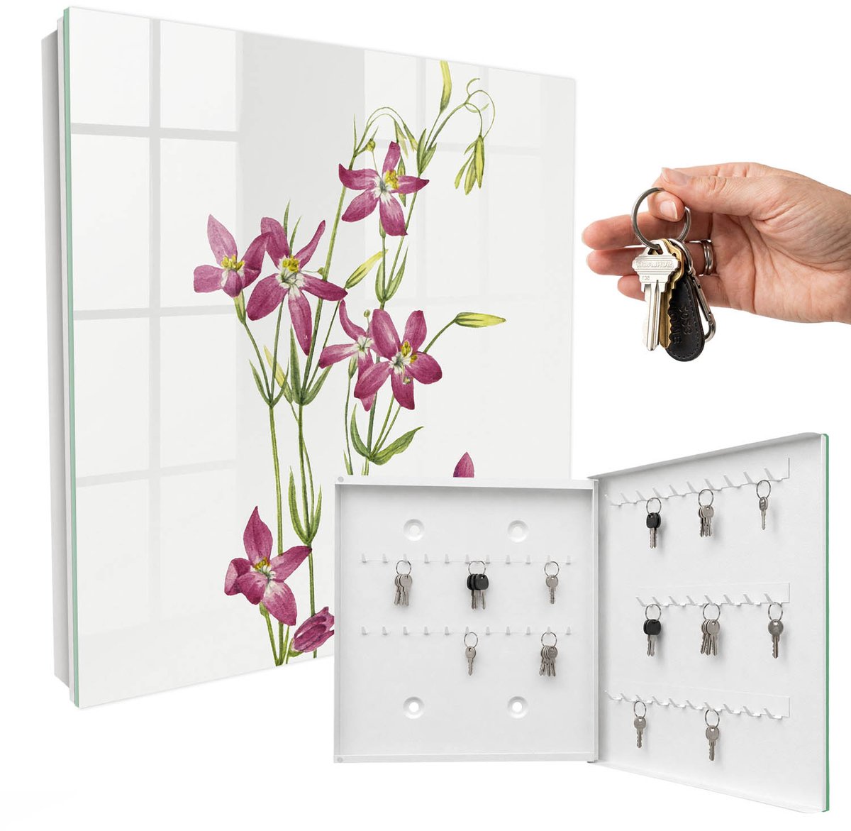 WallMuralia - Sleutelkast - 30x30x5 cm - met 50 haken - Roze Bloemen Sleutelkastje Hal - Roze Sleutelbox - Rechtsopenend - Wit interieur