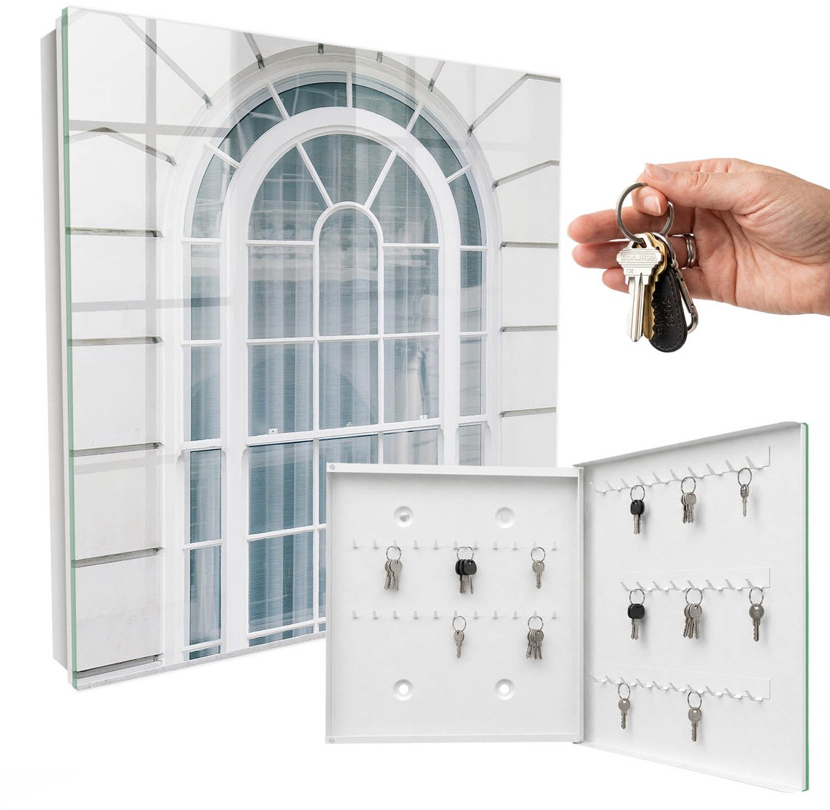 WallMuralia - Sleutelkast - 30x30x5 cm - met 50 haken - Klassieke Elegantie Sleutelkastje Landelijk - Wit Sleutelbox - Rechtsopenend - Wit interieur