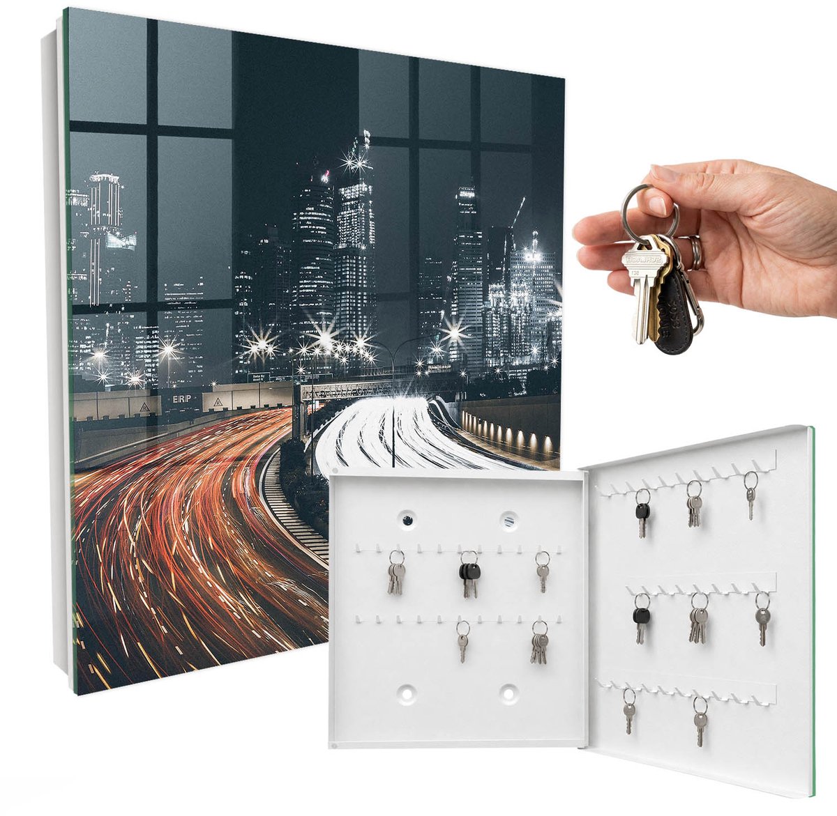 WallMuralia - Sleutelkast - 30x30x5 cm - met 50 haken - Stadsnacht Sleutelkastje Binnen - Zwart Sleutelbox - Rechtsopenend - Wit interieur