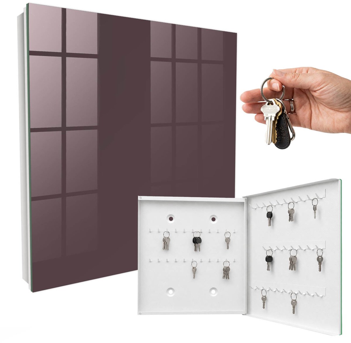 WallMuralia - Sleutelkast - 30x30x5 cm - met 50 haken - Grijze Kleur Sleutelkastje Binnen - Bruin Sleutelbox - Rechtsopenend - Wit interieur