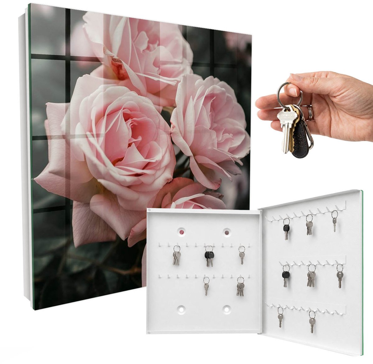 WallMuralia - Sleutelkast - 30x30x5 cm - met 50 haken - Roze Rozen Groot Sleutelkastje - Roze Sleutelbox - Rechtsopenend - Wit interieur