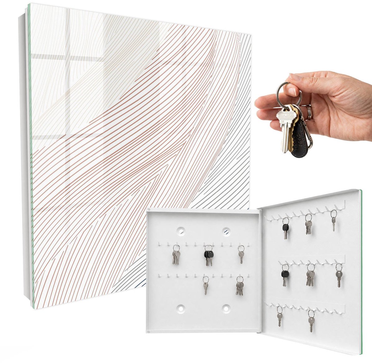 WallMuralia - Sleutelkast - 30x30x5 cm - met 50 haken - Golvende Lijnen Sleutelkastje Muur - Beige Sleutelbox - Rechtsopenend - Wit interieur