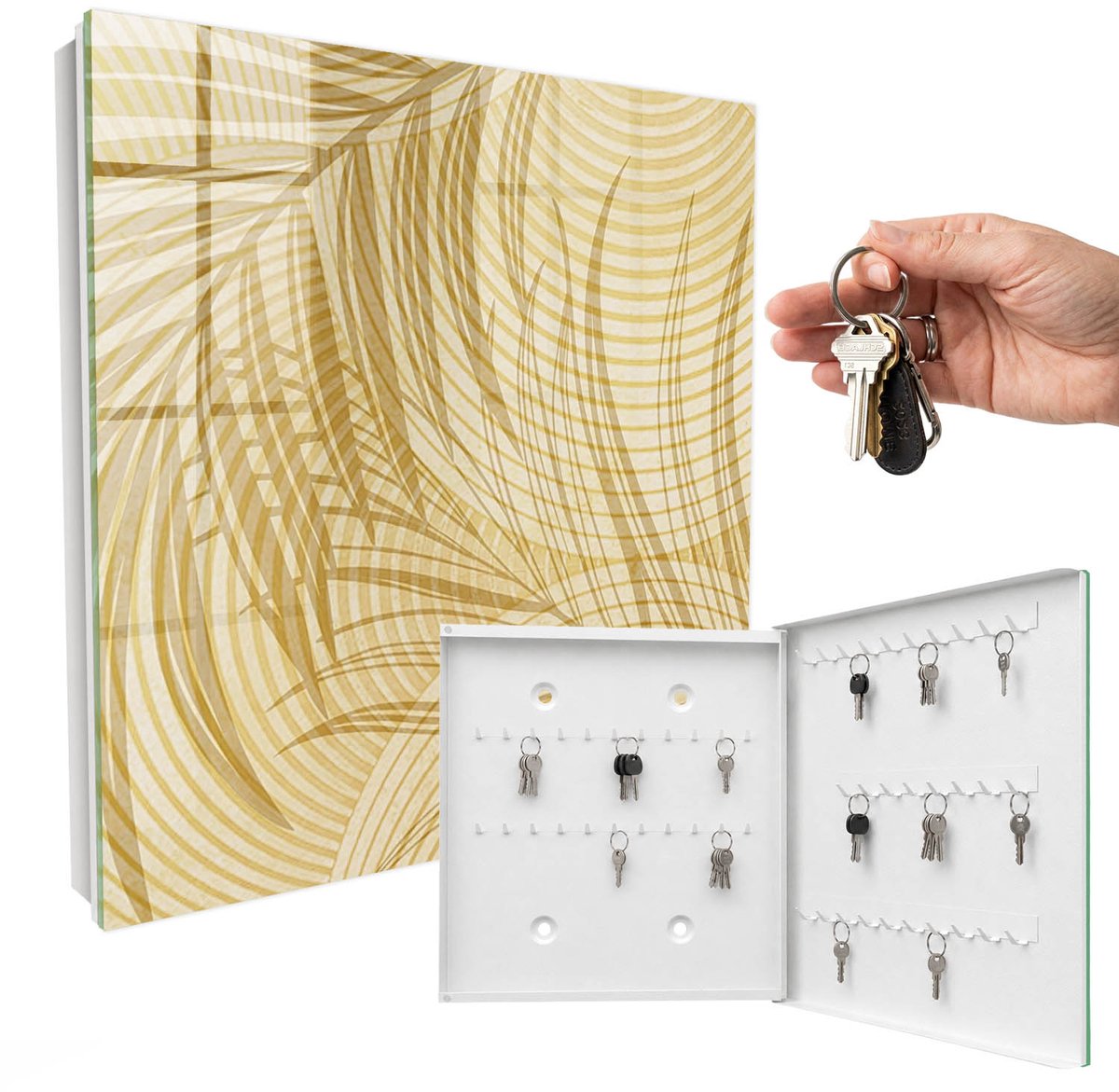 WallMuralia - Sleutelkast - 30x30x5 cm - met 50 haken - Bladeren Van De Natuur Sleutelkastje Design - Beige Sleutelbox - Rechtsopenend - Wit interieur