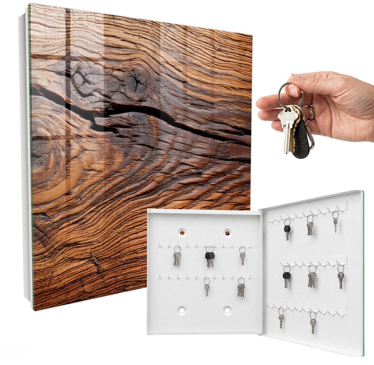 WallMuralia - Sleutelkast - 30x30x5 cm - met 50 haken - Houtstructuur Sleutelkastje Gang - Bruin Sleutelbox - Rechtsopenend - Wit interieur