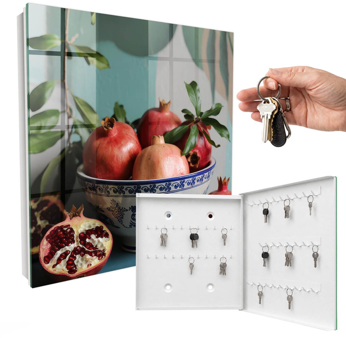 WallMuralia - Sleutelkast - 30x30x5 cm - met 50 haken - Granaatappelvrucht Leuk Sleutelkastje - Rood Sleutelbox - Rechtsopenend - Wit interieur