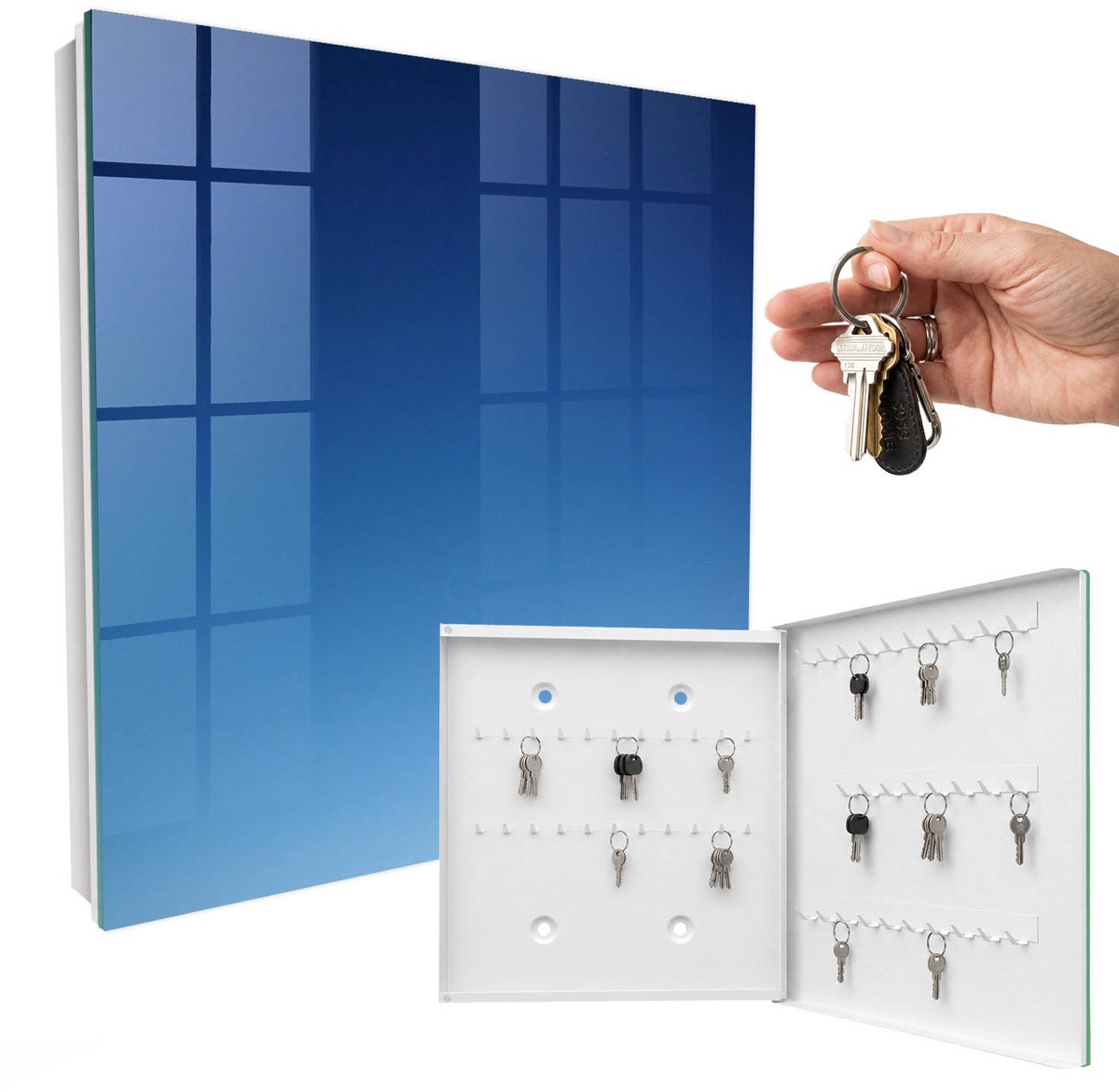 WallMuralia - Sleutelkast - 30x30x5 cm - met 50 haken - Blauwe Lucht Sleutelkastje Hal - Blauw Sleutelbox - Rechtsopenend - Wit interieur