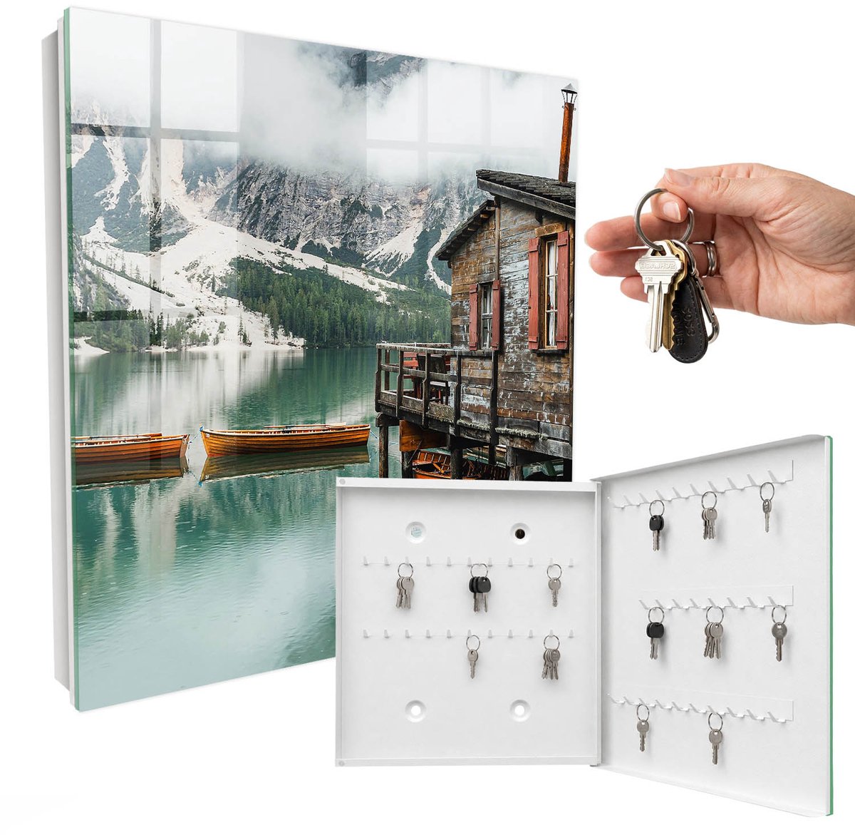 WallMuralia - Sleutelkast - 30x30x5 cm - met 50 haken - Bergvrede Sleutelkastje Voor Binnen - Turkoois Sleutelbox - Rechtsopenend - Wit interieur
