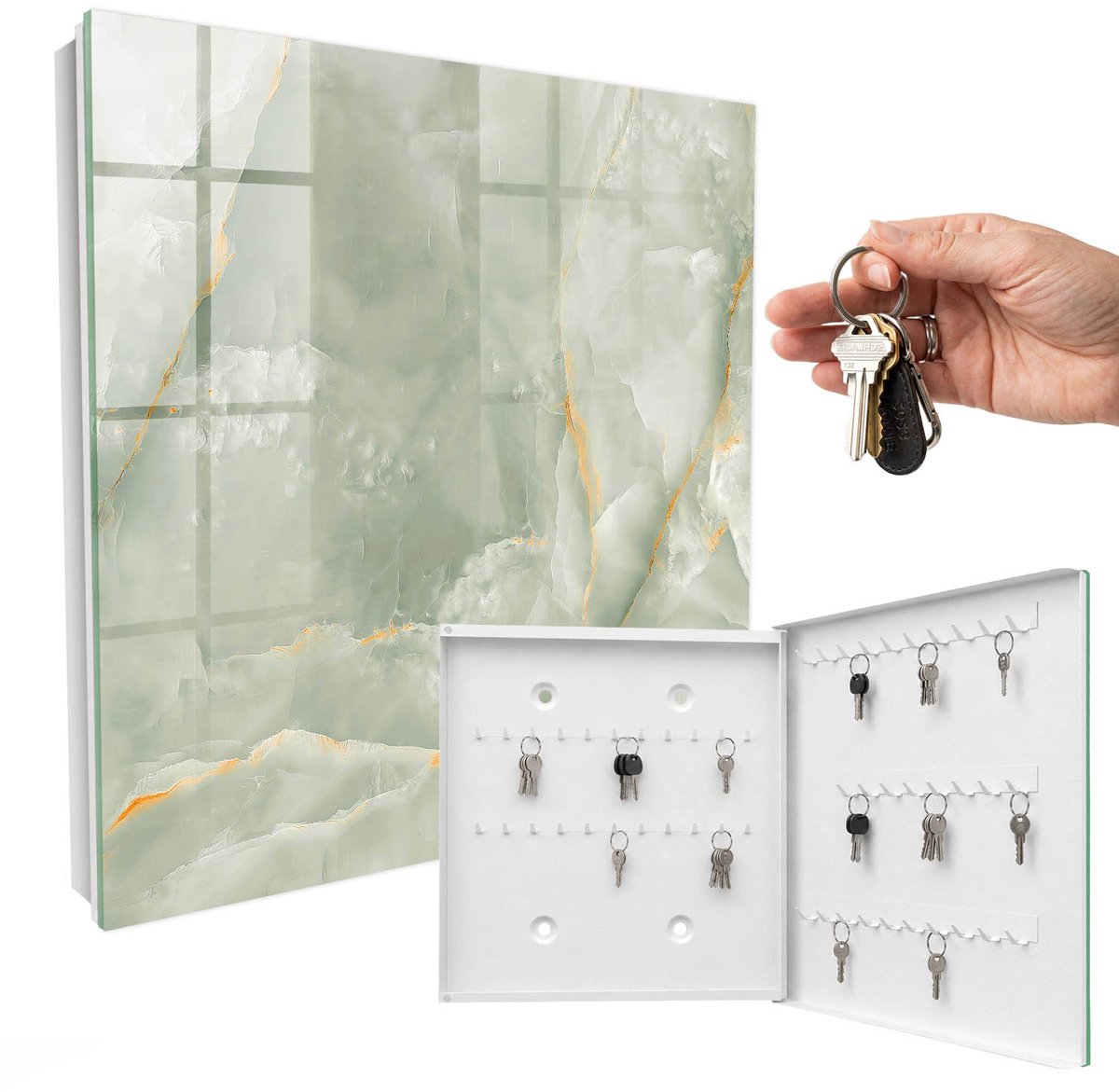 WallMuralia - Sleutelkast - 30x30x5 cm - met 50 haken - Elegante Textuur Sleutelkastje Hal - Romig Sleutelbox - Rechtsopenend - Wit interieur