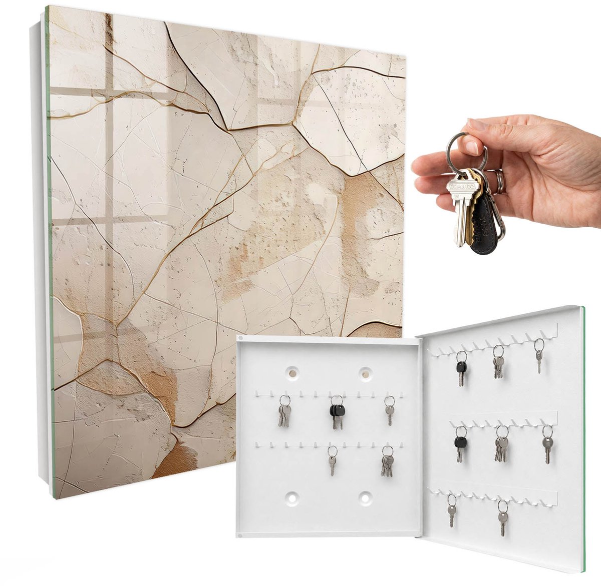 WallMuralia - Sleutelkast - 30x30x5 cm - met 50 haken - Subtiele Aarde Sleutelkastje Voor Binnen - Beige Sleutelbox - Rechtsopenend - Wit interieur