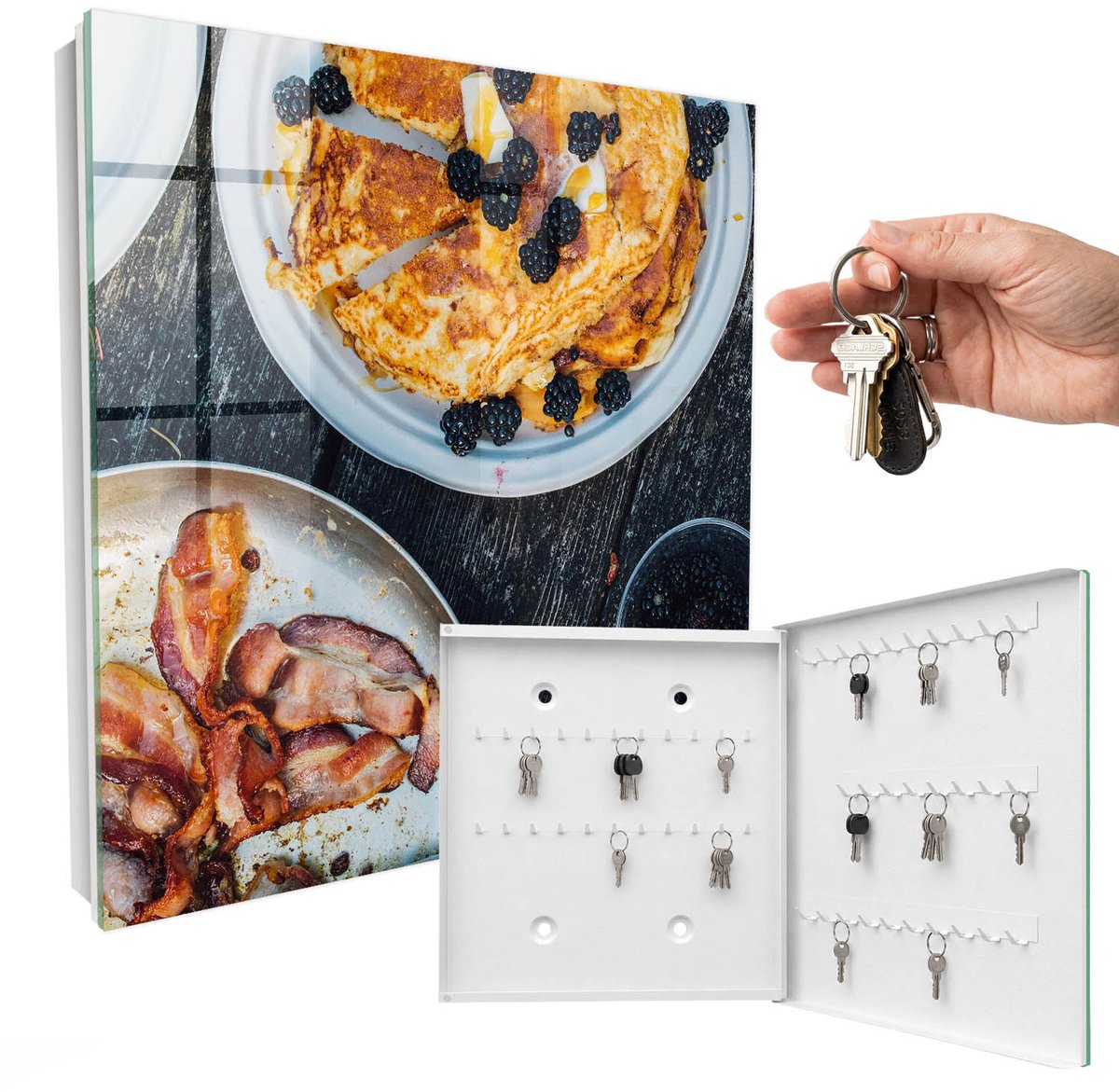 WallMuralia - Sleutelkast - 30x30x5 cm - met 50 haken - Zelfgemaakt Ontbijt Sleutelkastje Gang - Bruin Sleutelbox - Rechtsopenend - Wit interieur