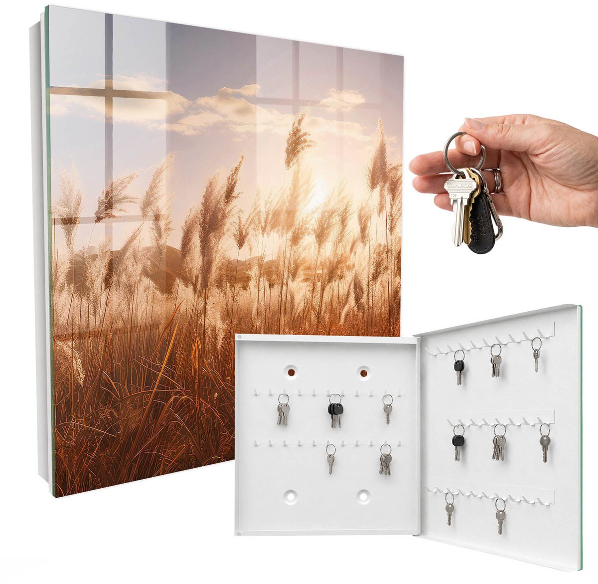 WallMuralia - Sleutelkast - 30x30x5 cm - met 50 haken - Zonsondergang Boven Het Gras Leuk Sleutelkastje - Oranje Sleutelbox - Rechtsopenend - Wit interieur