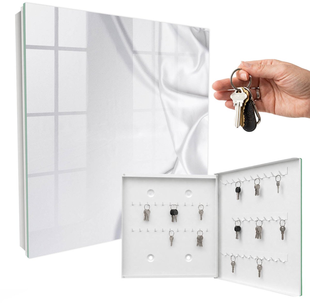 WallMuralia - Sleutelkast - 30x30x5 cm - met 50 haken - Satijnen Beddengoed Leuk Sleutelkastje - Wit Sleutelbox - Rechtsopenend - Wit interieur