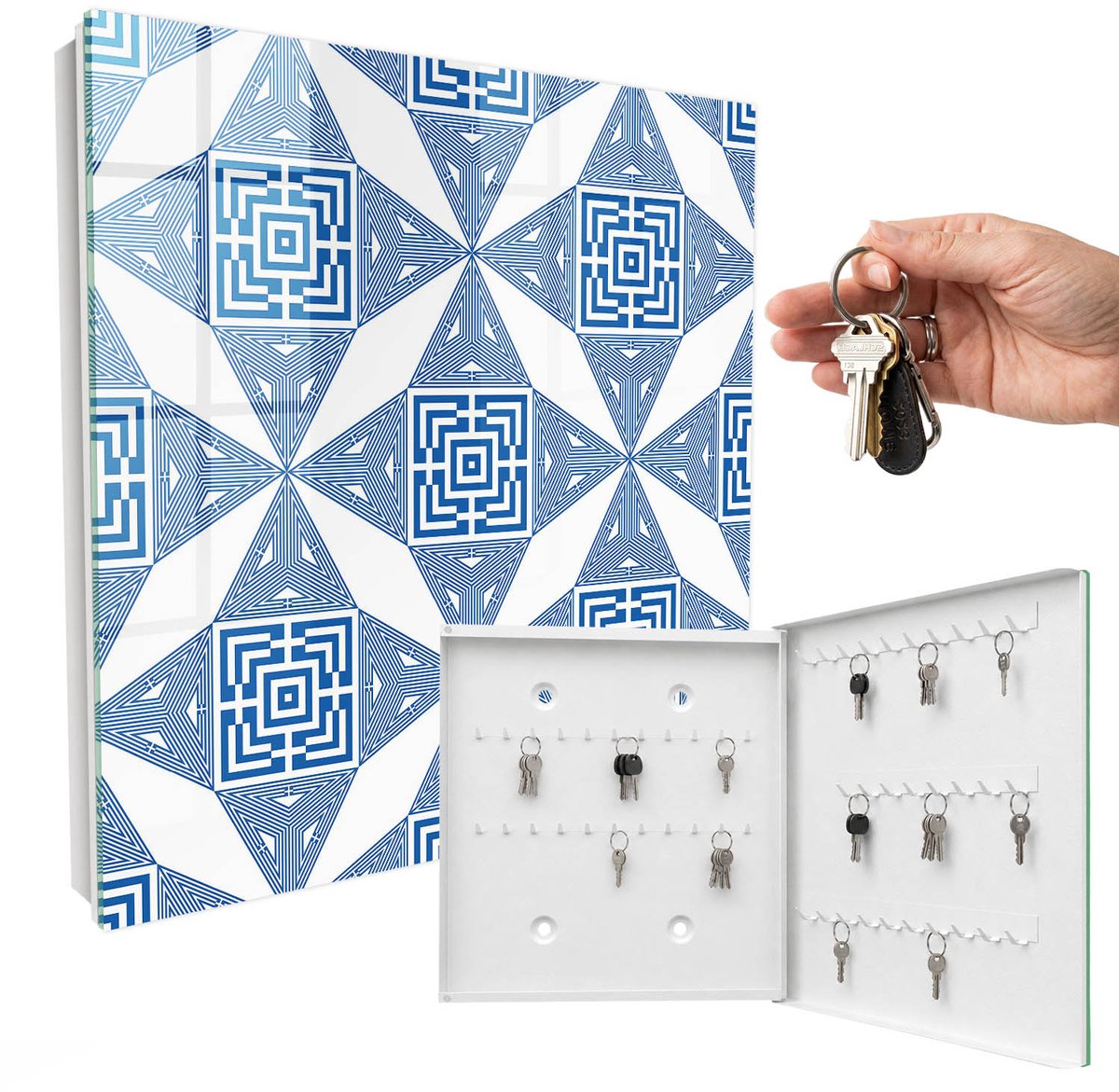 WallMuralia - Sleutelkast - 30x30x5 cm - met 50 haken - Geometrisch Patroon Sleutelkastje Industrieel - Blauw Sleutelbox - Rechtsopenend - Wit interieur