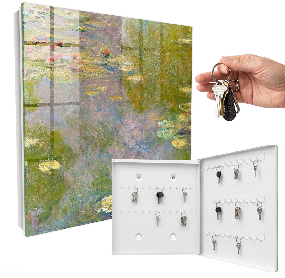 WallMuralia - Sleutelkast - 30x30x5 cm - met 50 haken - Claude Monet Waterlelies Sleutelkastje Hal - Groente Sleutelbox - Rechtsopenend - Wit interieur