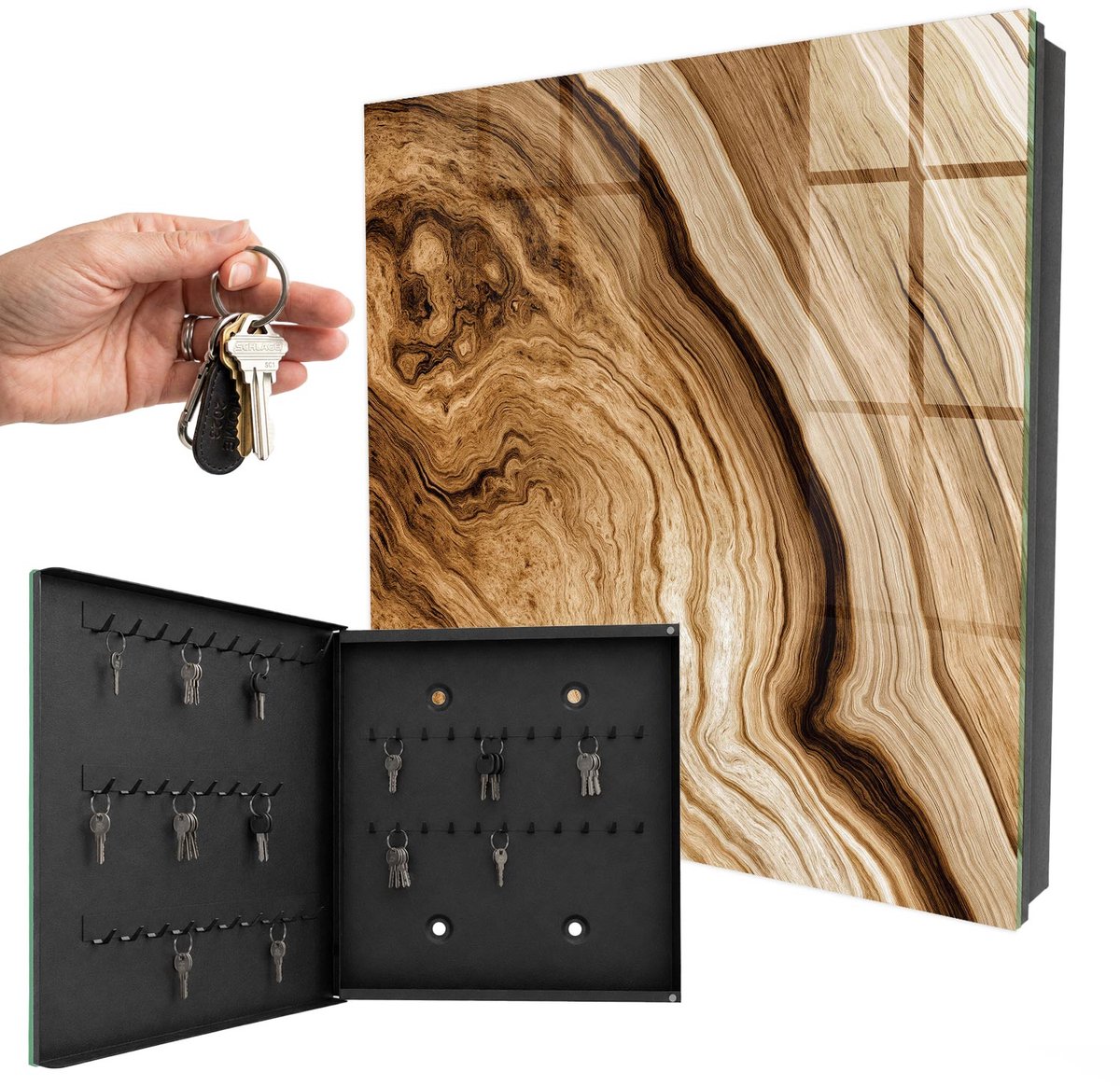 WallMuralia - Sleutelkast - 30x30x5 cm - met 50 haken - Golven Van Hout Sleutelkastje Muur - Bruin Sleutelbox - Linksopenend - Zwart interieur