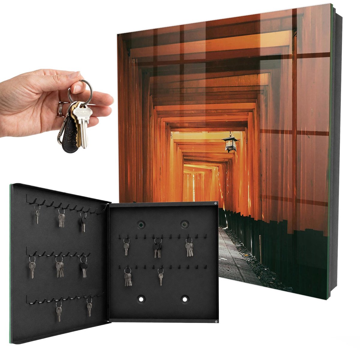 WallMuralia - Sleutelkast - 30x30x5 cm - met 50 haken - Gele Poorten Sleutelkastje Binnen - Geel Sleutelbox - Linksopenend - Zwart interieur