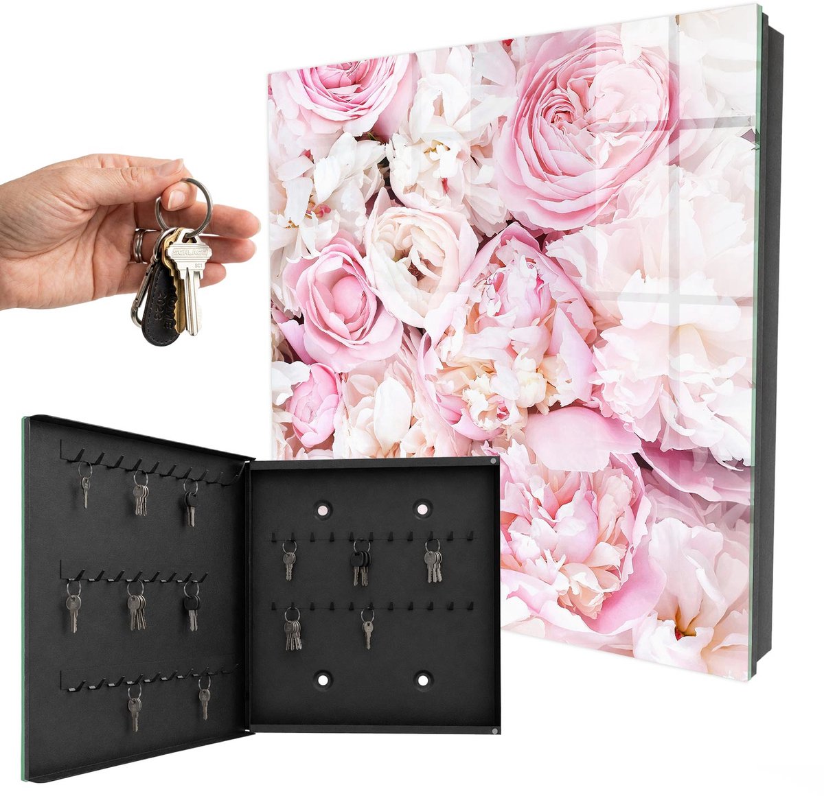 WallMuralia - Sleutelkast - 30x30x5 cm - met 50 haken - Pastelkleurige Bloemen Sleutelkastje Binnen - Roze Sleutelbox - Linksopenend - Zwart interieur