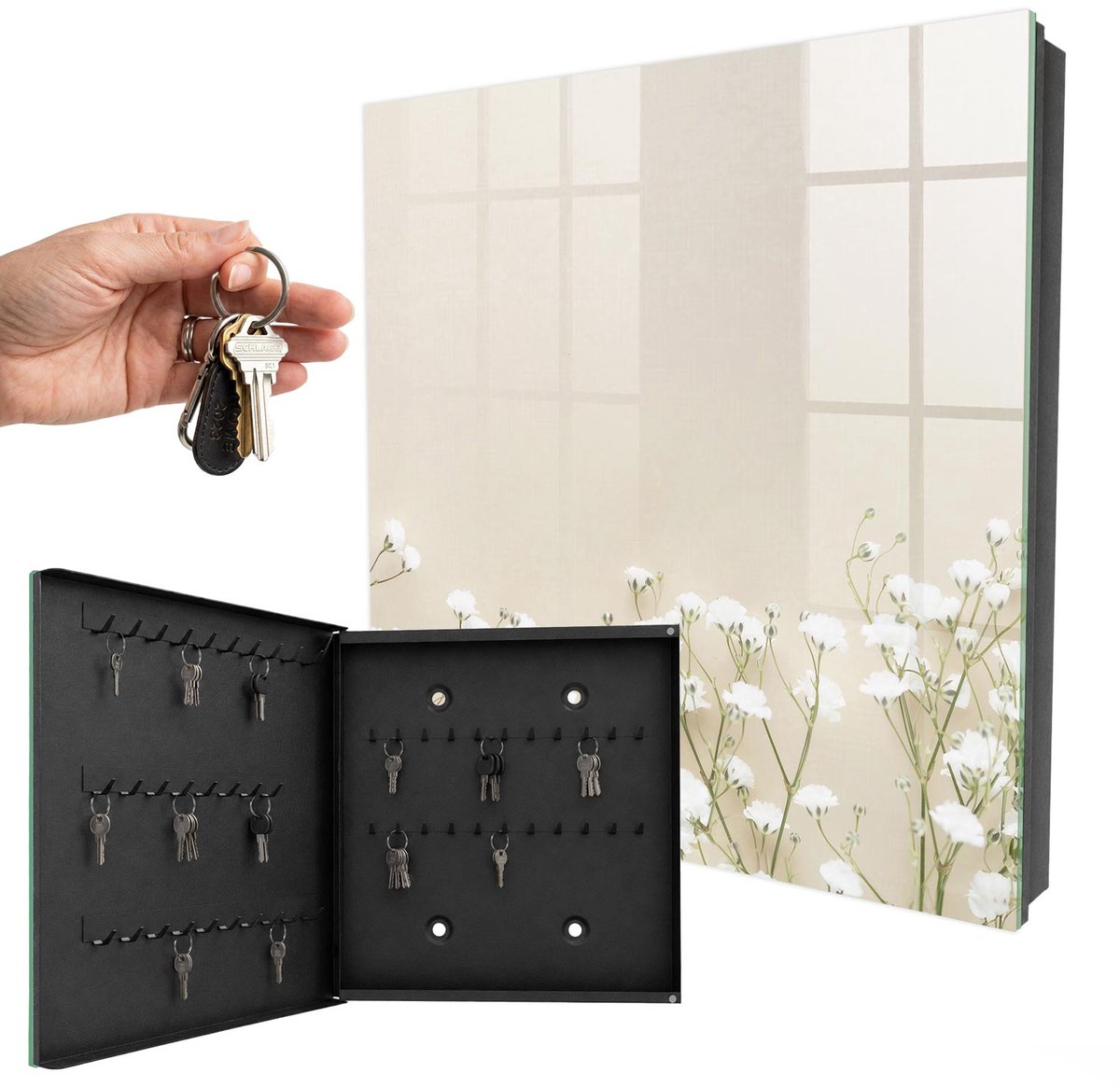 WallMuralia - Sleutelkast - 30x30x5 cm - met 50 haken - Subtiliteit Van Bloemen Sleutelkastje Design - Beige Sleutelbox - Linksopenend - Zwart interieur