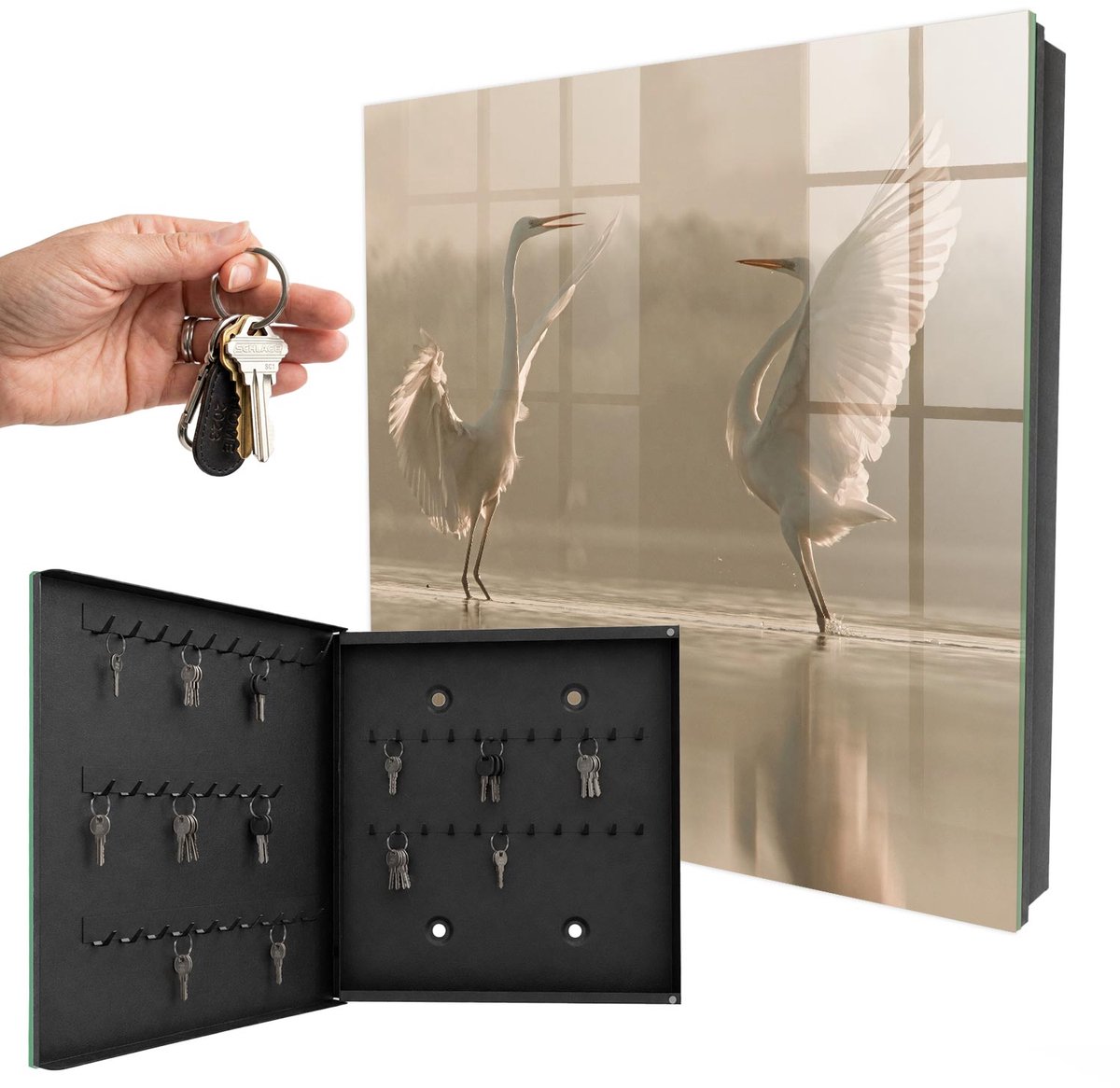 WallMuralia - Sleutelkast - 30x30x5 cm - met 50 haken - Vogeldans Sleutelkastje Muur - Beige Sleutelbox - Linksopenend - Zwart interieur