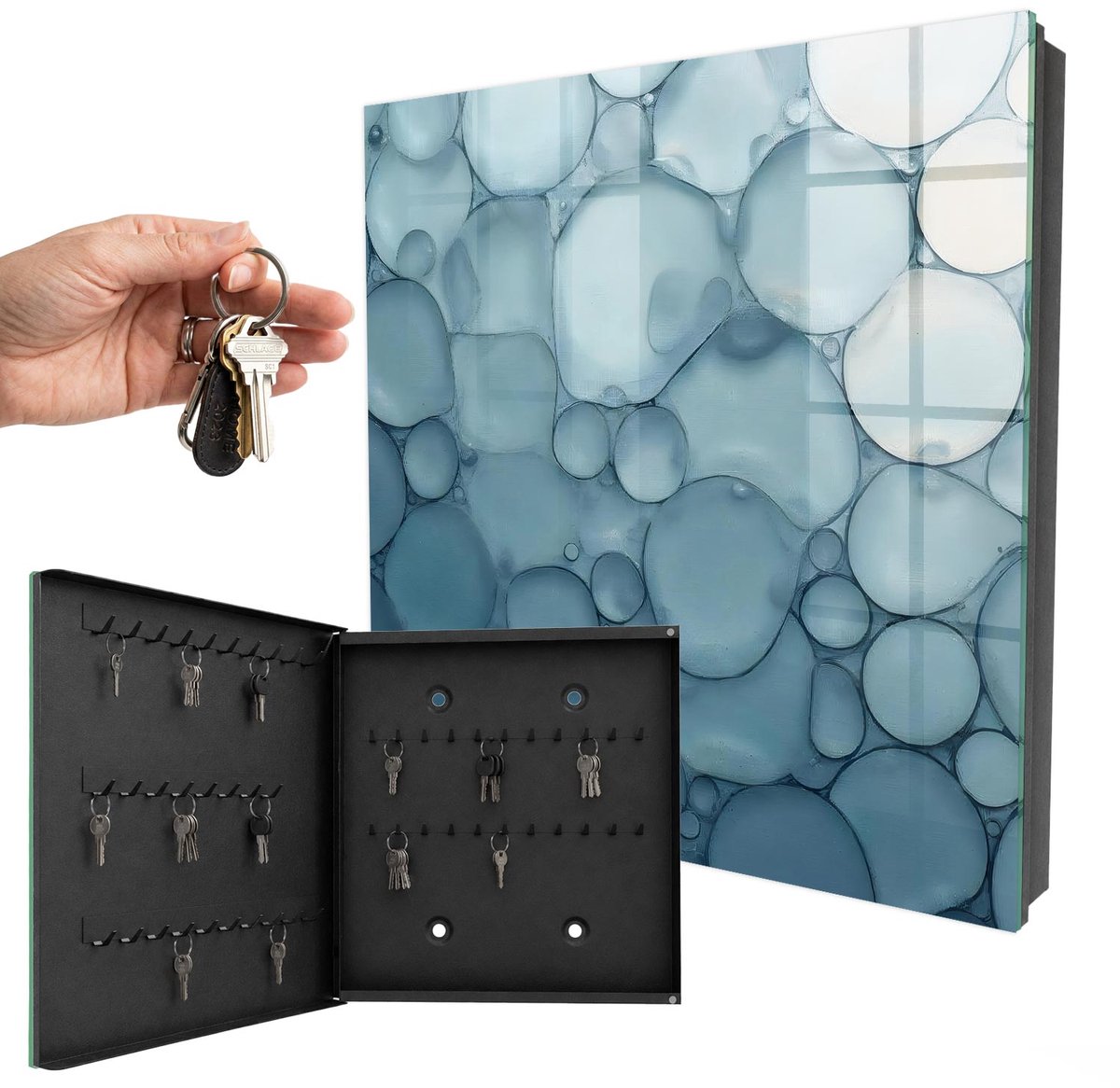 WallMuralia - Sleutelkast - 30x30x5 cm - met 50 haken - Blauwe Bubbels Groot Sleutelkastje - Blauw Sleutelbox - Linksopenend - Zwart interieur