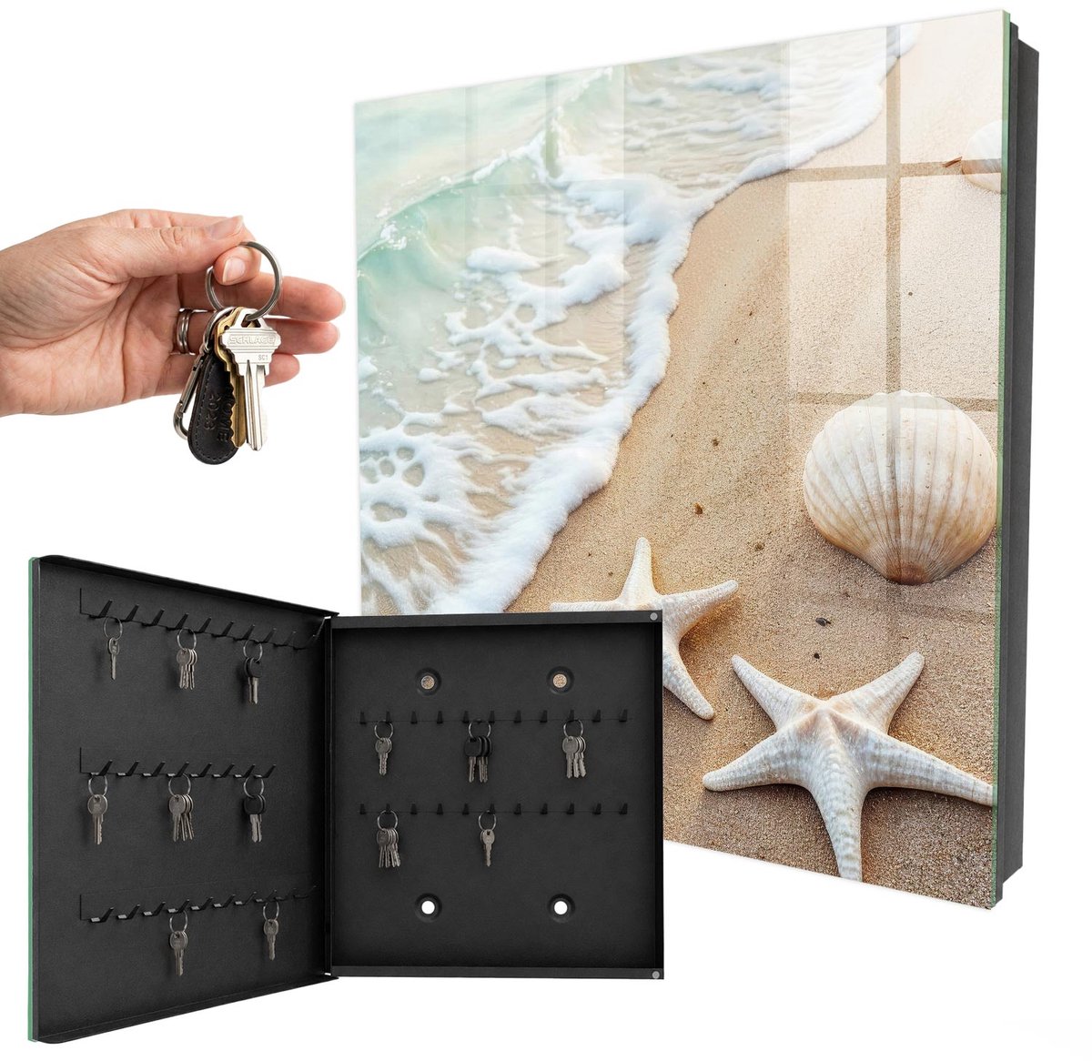 WallMuralia - Sleutelkast - 30x30x5 cm - met 50 haken - Strandparadijs Sleutelkastje - Beige Sleutelbox - Linksopenend - Zwart interieur