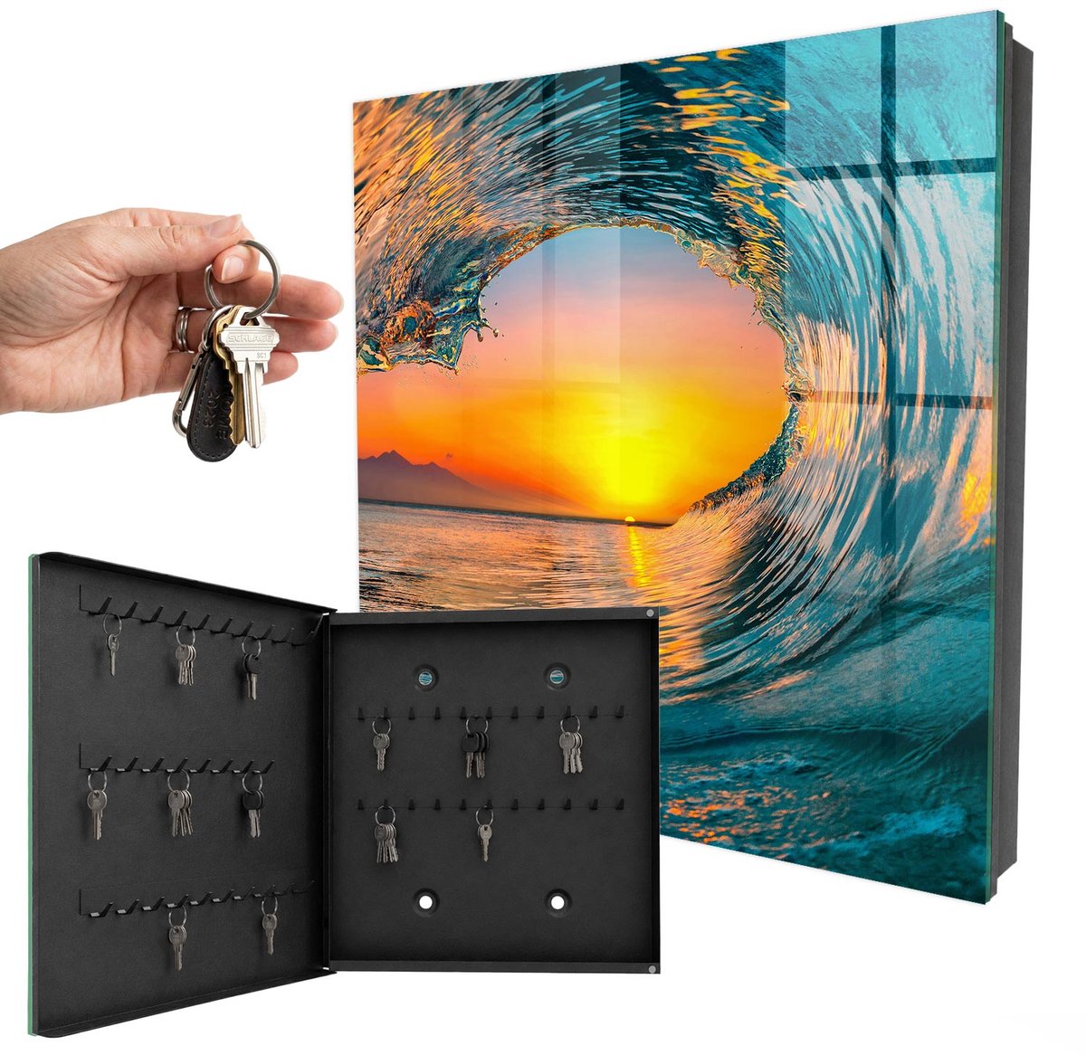 WallMuralia - Sleutelkast - 30x30x5 cm - met 50 haken - West Wave Sleutelkastje Modern - Turkoois Sleutelbox - Linksopenend - Zwart interieur
