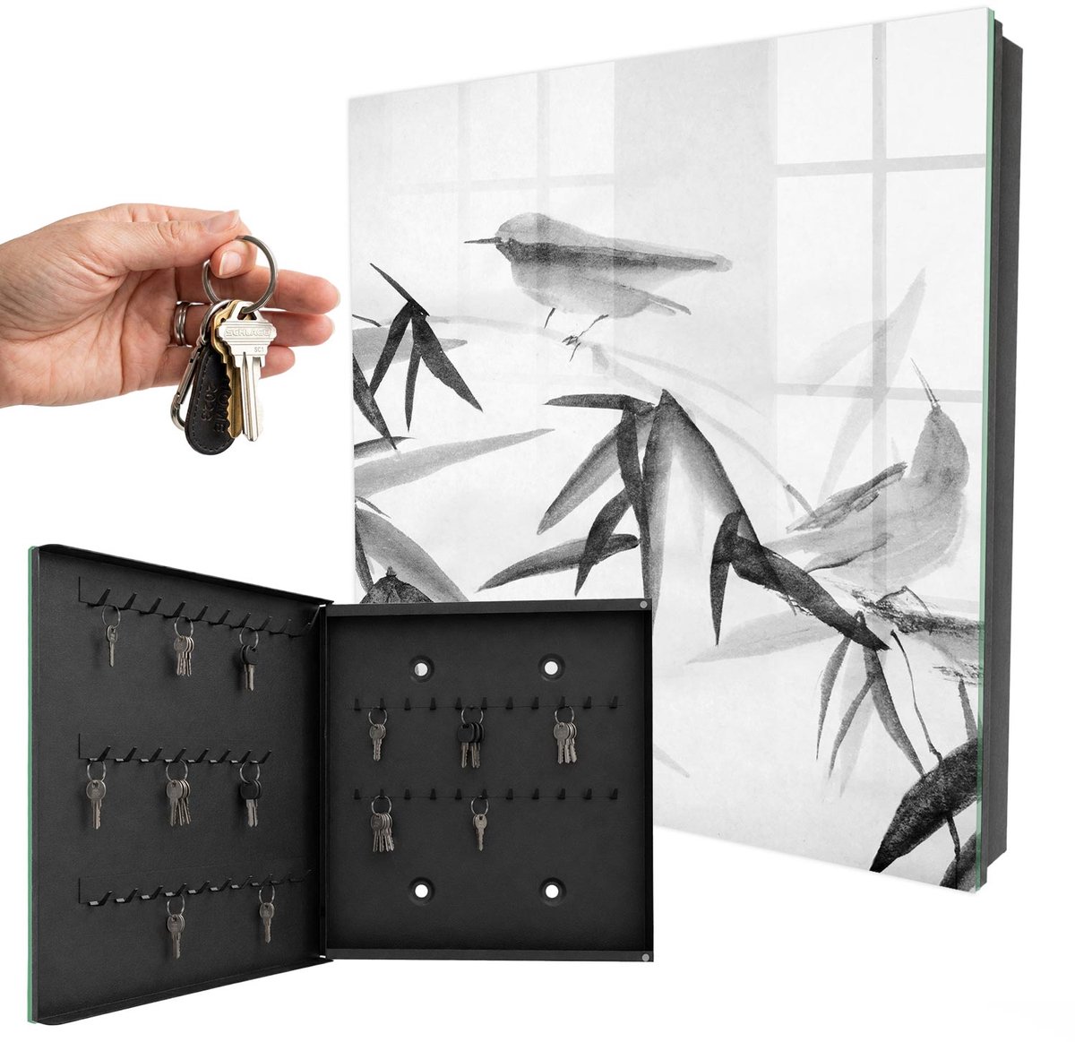 WallMuralia - Sleutelkast - 30x30x5 cm - met 50 haken - Bamboe Natuur Leuk Sleutelkastje - Wit Sleutelbox - Linksopenend - Zwart interieur