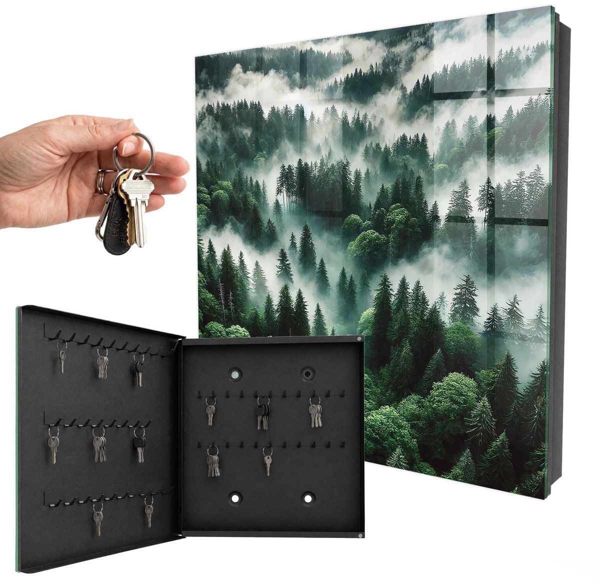 WallMuralia - Sleutelkast - 30x30x5 cm - met 50 haken - Nevelbos Leuk Sleutelkastje - Groente Sleutelbox - Linksopenend - Zwart interieur