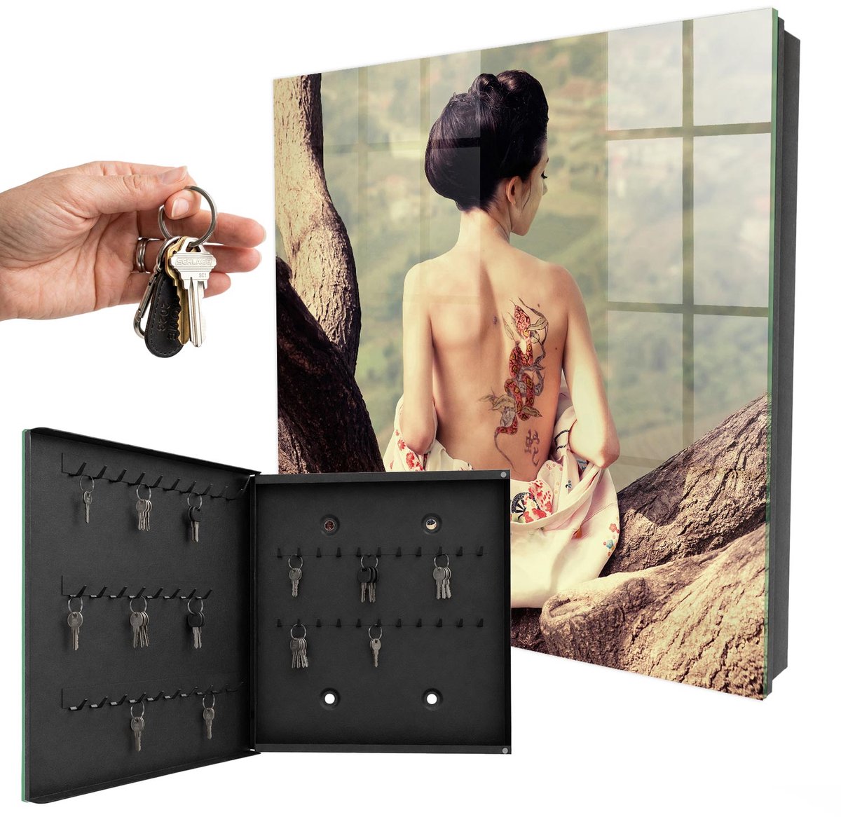 WallMuralia - Sleutelkast - 30x30x5 cm - met 50 haken - Harmonie Van De Natuur Sleutelkastje Gang - Bruin Sleutelbox - Linksopenend - Zwart interieur